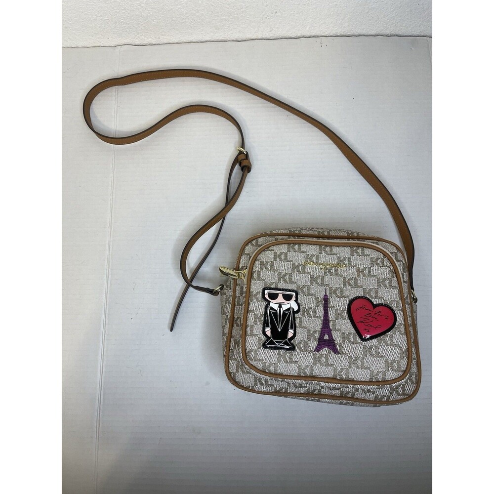 Karl Lagerfeld Paris Signature Patches Beige Crossbody Bag Eiffel Tower